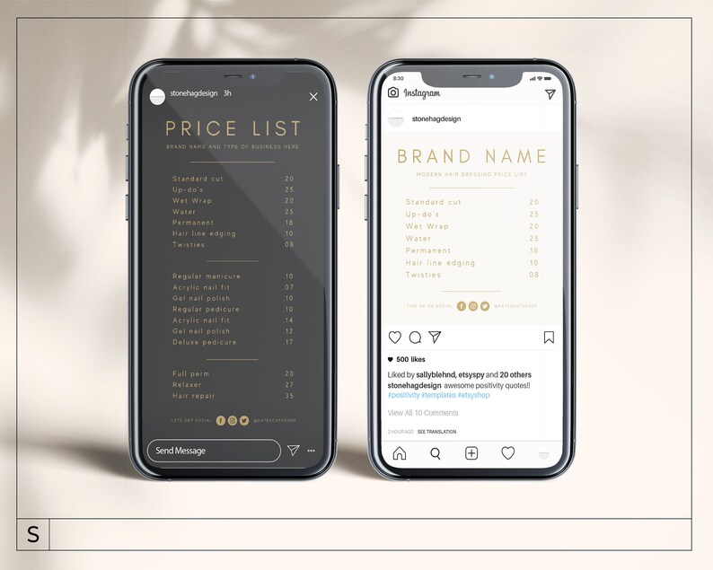 Puede incluir: La pantalla de un tel&eacute;fono m&oacute;vil negro y dorado muestra una lista de precios para servicios de cabello y u&ntilde;as. La lista incluye precios para cortes est&aacute;ndar, recogidos, envolturas h&uacute;medas, ondas de agua, permanentes, bordes de cabello y trenzas. La lista tambi&eacute;n incluye precios para manicuras regulares, rellenos de u&ntilde;as acr&iacute;licas, esmalte de u&ntilde;as en gel, pedicuras regulares, aplicaciones de u&ntilde;as acr&iacute;licas, esmalte de u&ntilde;as en gel y pedicuras de lujo. La pantalla del tel&eacute;fono tambi&eacute;n incluye una publicaci&oacute;n en redes sociales con el texto "Me gusta a sallyblehnd, etsyspy y otras 20 personas stonehagdesign awesome positivity quotes! #positivity #shopsmall #etsyhop".