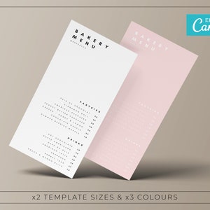 Puede incluir: Dos plantillas de men&uacute; de panader&iacute;a rosa y blanco con el texto "BAKERY MENU" en la parte superior. El men&uacute; enumera los pasteles y las bebidas con sus precios. El texto "EDIT IN Canva" est&aacute; en la esquina superior derecha.