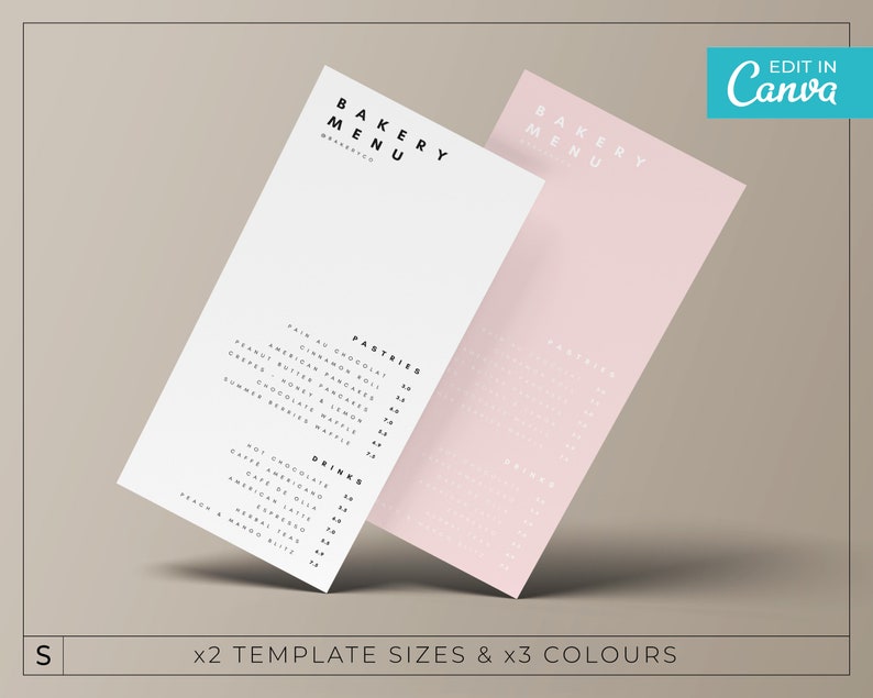 Puede incluir: Dos plantillas de men&uacute; de panader&iacute;a rosa y blanco con el texto "BAKERY MENU" en la parte superior. El men&uacute; enumera los pasteles y las bebidas con sus precios. El texto "EDIT IN Canva" est&aacute; en la esquina superior derecha.