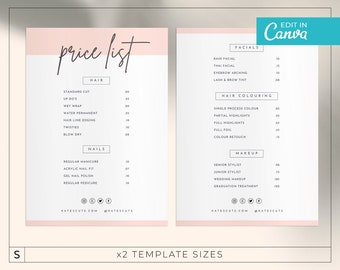 May include: A white and pink price list for hair, nail, and makeup services. The list includes prices for services such as standard cuts, up-dos, wet wraps, water permanent, hair line edging, blow dry, regular manicure, acrylic nail fit, gel nail polish, regular pedicure, rain facial, Thai facial, eyebrow arching, lash and brow tint, single process colour, partial highlights, full highlights, full foil, colour retouch, senior stylist, junior stylist, wedding makeup, and graduation treatment.
