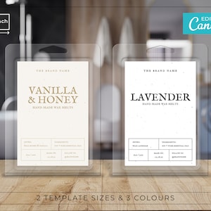 May include: Two white labels with black text for wax melts. The labels are in clear plastic packaging with a hanging hole. The labels are for Vanilla & Honey and Lavender scents. The text on the labels includes "The Brand Name", "Hand Made Wax Melts", "Ingredients", "Aroma", and "Follow Us".