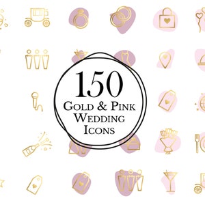 150 icônes de mariage en or // icônes dorées et roses // icônes en feuille d’or // clipart de célébration de mariage // clipart de mariage rose // utilisation commerciale