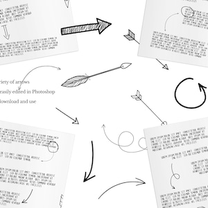 Pode incluir: Uma cole&ccedil;&atilde;o de setas desenhadas &agrave; m&atilde;o em v&aacute;rios estilos, incluindo uma seta com penas, uma seta s&oacute;lida e setas com linhas curvas. A imagem tamb&eacute;m inclui texto: "Huge variety of arrows, Colours easily edited in Photoshop, Easy to download and use."