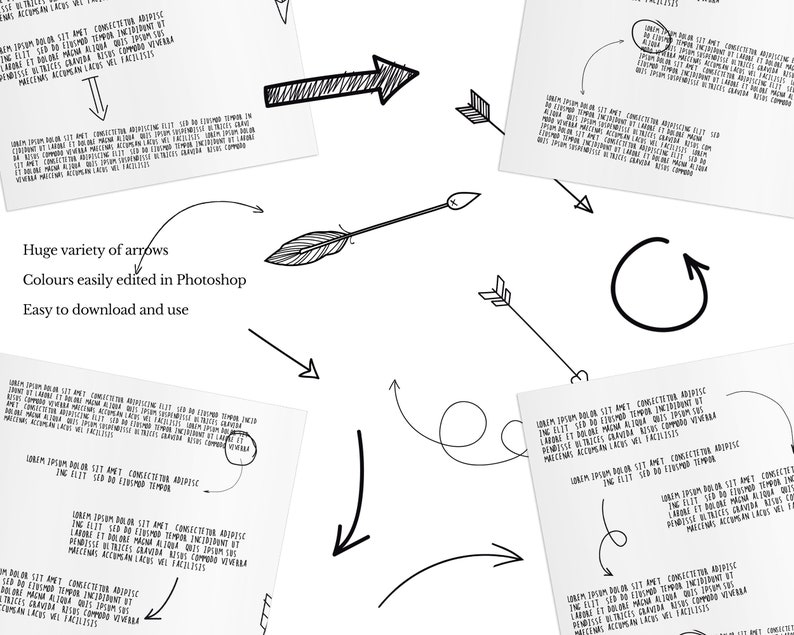 Pode incluir: Uma cole&ccedil;&atilde;o de setas desenhadas &agrave; m&atilde;o em v&aacute;rios estilos, incluindo uma seta com penas, uma seta s&oacute;lida e setas com linhas curvas. A imagem tamb&eacute;m inclui texto: "Huge variety of arrows, Colours easily edited in Photoshop, Easy to download and use."