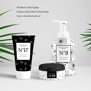 May include: Three black and white floral patterned containers: a tube, a bottle with a pump, and a jar. The tube has the text "Black & White Floral N&deg;17 Seamless Patterns". The bottle has the text "Black & White Floral N&deg;3 Seamless Patterns". The jar has the text "Black & White N&deg;19 Seamless Patterns".