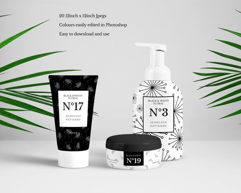 May include: Three black and white floral patterned containers: a tube, a bottle with a pump, and a jar. The tube has the text "Black & White Floral N&deg;17 Seamless Patterns". The bottle has the text "Black & White Floral N&deg;3 Seamless Patterns". The jar has the text "Black & White N&deg;19 Seamless Patterns".