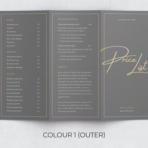 May include: A tri-fold price list for a hair salon called Kate's Cuts. The price list is printed on gray paper with gold text. The price list includes prices for hair, brows, nails, and memberships. The salon's phone number and social media handle are listed at the bottom of the price list.