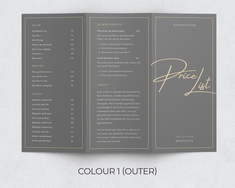 May include: A tri-fold price list for a hair salon called Kate's Cuts. The price list is printed on gray paper with gold text. The price list includes prices for hair, brows, nails, and memberships. The salon's phone number and social media handle are listed at the bottom of the price list.