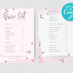 Pink & Gold Editable Price list Template / Modern Price list Menu / Customisable Salon Pricelist Templates / Printable Hair Price list / FAY