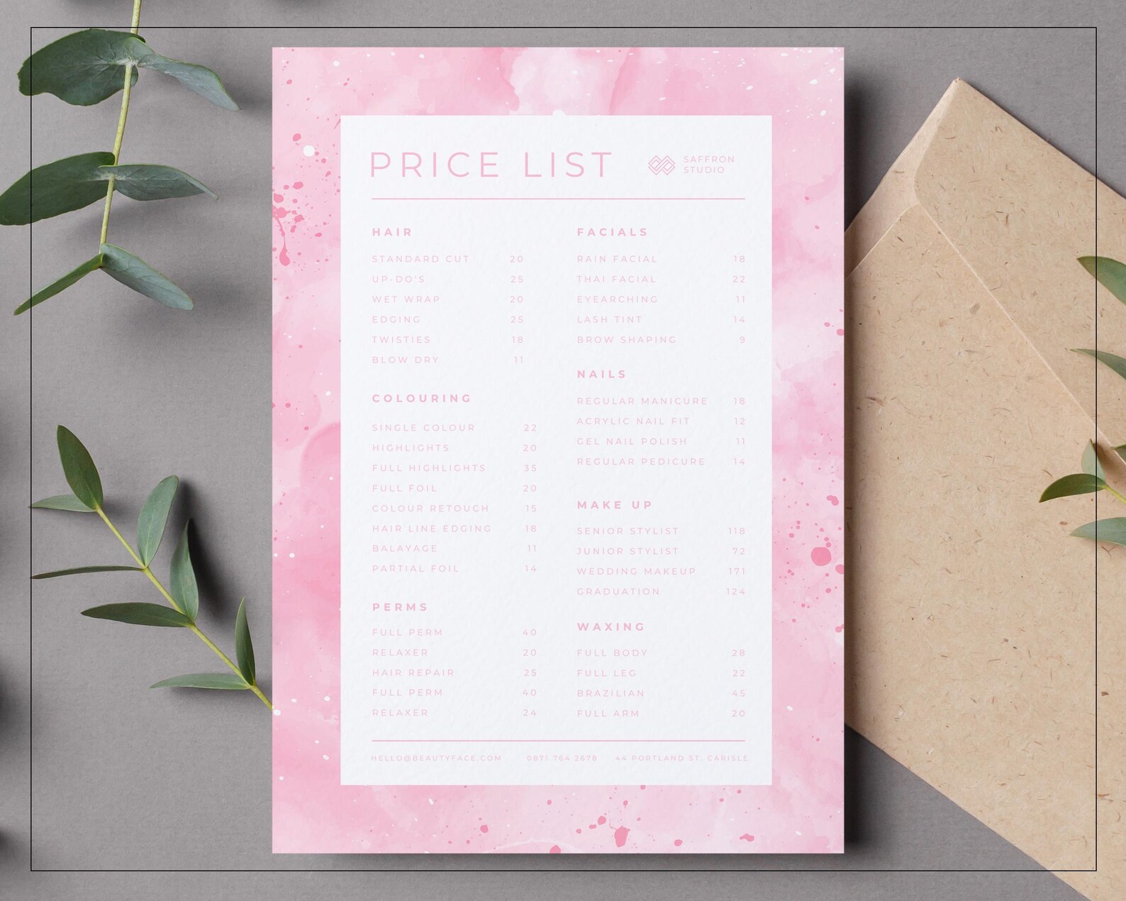 SMALL Pink Price List Template / Feminine Menu Template / Postcard ...