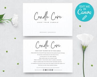 May include: Candle care instructions card with a black and white design. The card includes tips on how to get the most out of your candle, such as trimming the wick and keeping it away from drafts. The card also includes social media icons and the text "Candle Care" and "Love Your Candle".