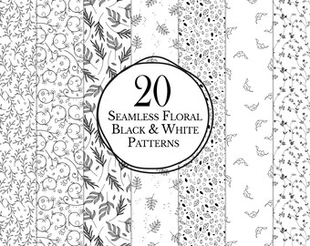 20 patrones florales sin costuras / sin costuras floral hojas patrón digital fondo de pantalla / blanco sin costuras patrón floral fondo de pantalla