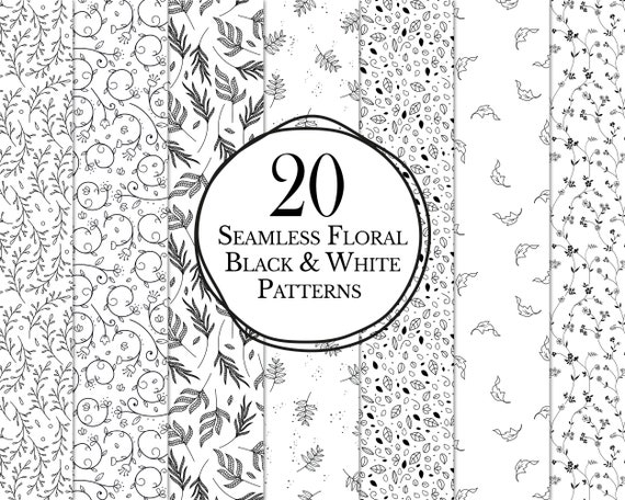 20 Seamless Floral Patterns / Seamless Floral Leaves Pattern Digital Wallpaper / Black and White Seamless Floral Pattern Wallpaper