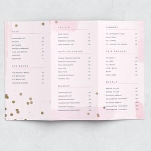 May include: A pink and gold price list for a beauty salon. The list includes services for hair, facials, tanning, hair removal, and makeup. Prices are listed in US dollars.