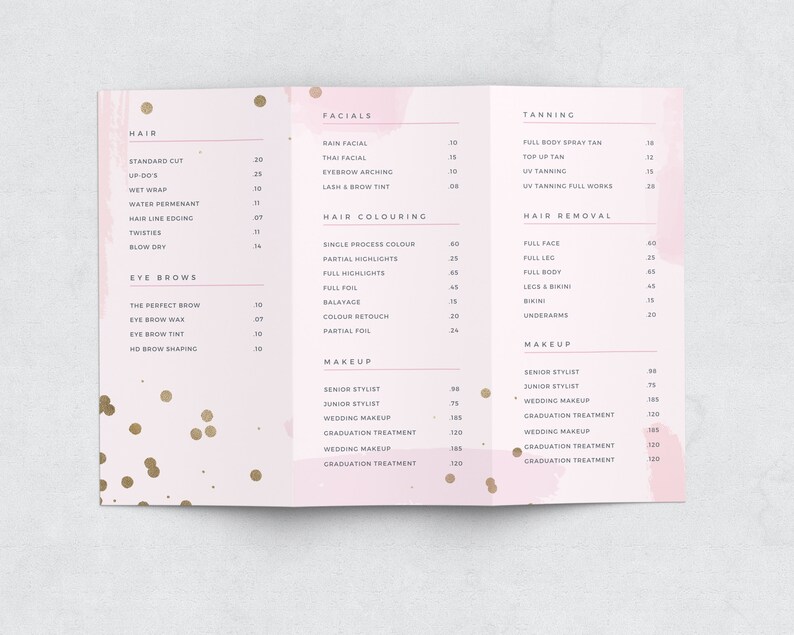 May include: A pink and gold price list for a beauty salon. The list includes services for hair, facials, tanning, hair removal, and makeup. Prices are listed in US dollars.