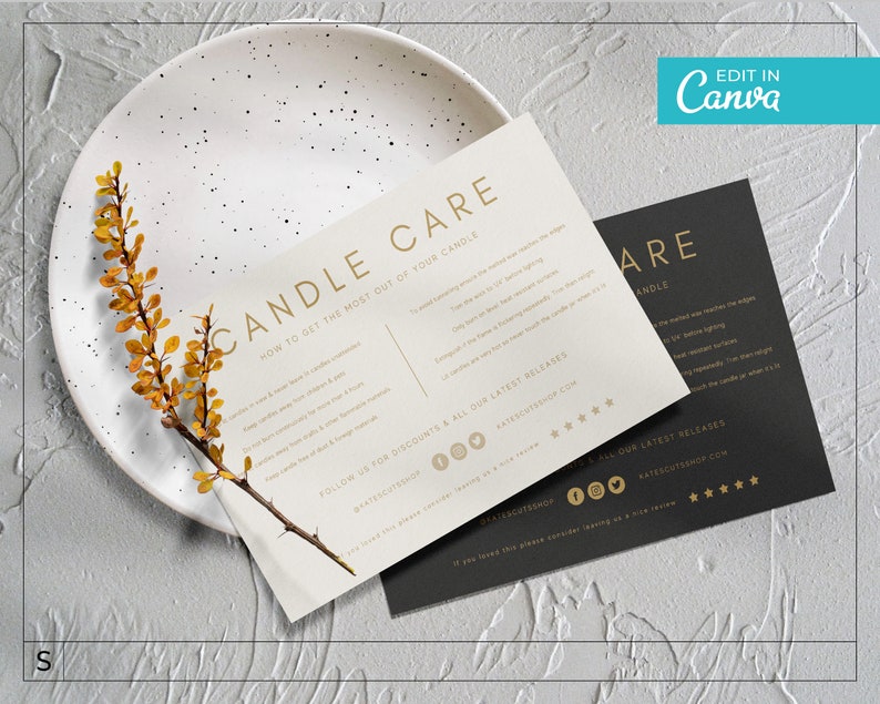 May include: Two candle care cards with instructions on how to get the most out of your candle. The cards are white and black with gold text. The text on the white card reads "Candle Care" and "How to get the most out of your candle". The text on the black card reads "Care" and "Candle". Both cards have social media icons and the text "Follow us for discounts & all our latest releases".