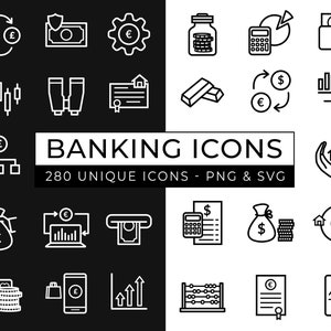 Banking Icon Pack / 280 icone finanziarie uniche / Icone bancarie e monetarie / Icone di trading / Icone di investimento / Pacchetto di icone finanziarie