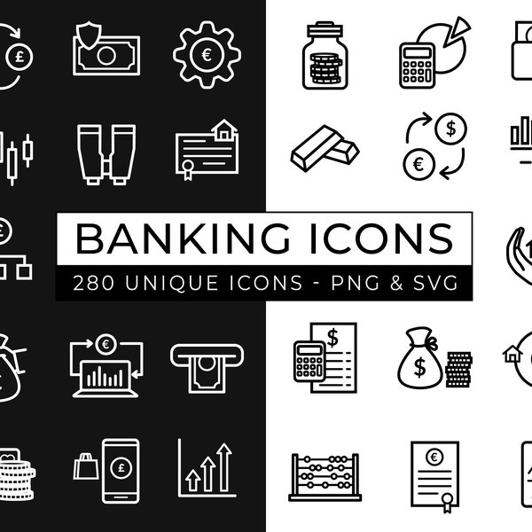 Banking Icon Pack / 280 Unique Financial Icons / Bank & Money Icons  / Trading Icons / Investment Icons / Finance Icon Pack