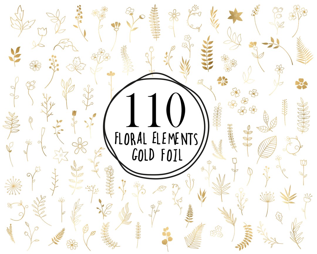 110 Hand Drawn Gold Floral Elements / Gold Foil Florals / Wedding ...