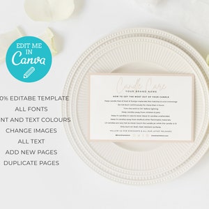 May include: A beige card with the text "Candle Care" in a script font. The card also includes instructions on how to get the most out of your candle, such as keeping it free of dust and foreign materials, trimming the wick, and not burning it continuously for more than 4 hours.