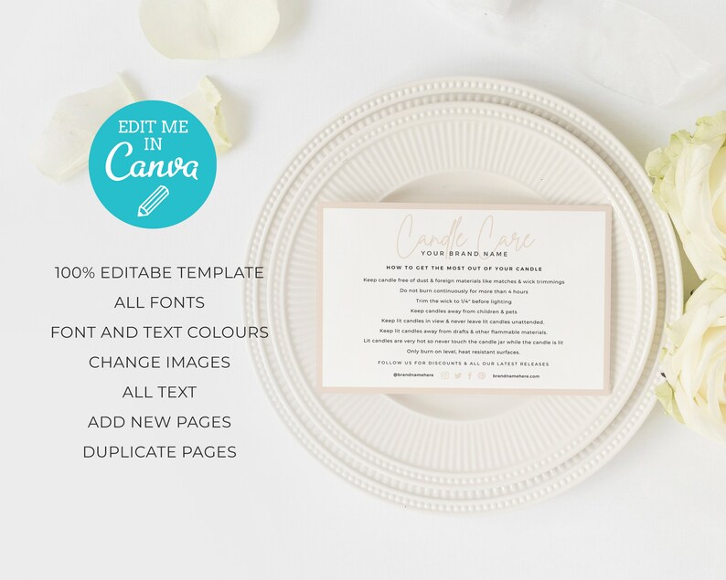 May include: A beige card with the text "Candle Care" in a script font. The card also includes instructions on how to get the most out of your candle, such as keeping it free of dust and foreign materials, trimming the wick, and not burning it continuously for more than 4 hours.
