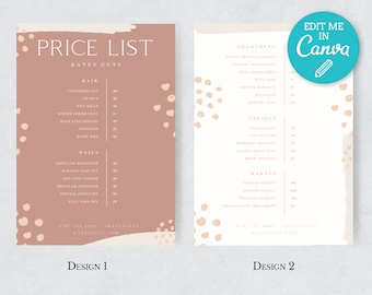 May include: A pink and white price list for a beauty salon called "Kates Cuts". The price list includes services for hair, nails, facials, and makeup. The prices are listed in pounds sterling.