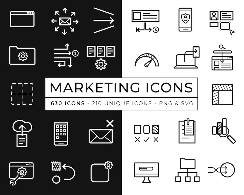 May include: A set of 630 black and white marketing icons, including icons for website, email, folder, cloud, phone, laptop, and more.  The icons are arranged in a grid pattern on a black and white background.  The text "MARKETING ICONS" is displayed in the center of the image.  The text "630 ICONS - 210 UNIQUE ICONS - PNG & SVG" is displayed below the title.