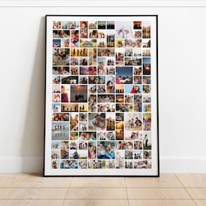 K&ouml;nnte beinhalten: Ein schwarzer gerahmter Foto-Collage mit verschiedenen Bildern von Menschen in verschiedenen Umgebungen. Die Collage besteht aus vielen kleinen Quadraten, die jeweils ein anderes Foto enthalten. Die Fotos sind alle in Farbe und zeigen Menschen, die l&auml;cheln, lachen und die Gesellschaft des anderen genie&szlig;en.