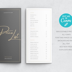 May include: A black and white price list for hair, brow, and nail services. The price list is titled "Price List" and includes the name of the business, "Katescuts.com". The price list is editable in Canva.