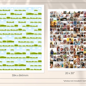 K&ouml;nnte beinhalten: Eine druckbare Vorlage f&uuml;r eine Fotocollage mit einem gr&uuml;nen und blauen Landschaftsdesign. Die Vorlage ist 50,8 cm x 76,2 cm gro&szlig; und enth&auml;lt 100 Quadrate f&uuml;r Fotos. Der Text "Fotos nicht in der Vorlage enthalten" befindet sich am unteren Rand des Bildes.