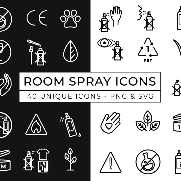 Room Spray Icons / Room Fragrance Care Icons / Perfume Warning Icons / Room Scent / Room Mist Icons / Safety Icon set / Handmade Icons