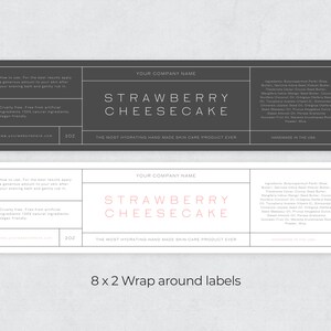 May include: Two black and white labels with the text "Strawberry Cheesecake" in pink. The labels are for a hand cream product and include the text "The most hydrating hand made skin care product ever" and "Handmade in the USA".