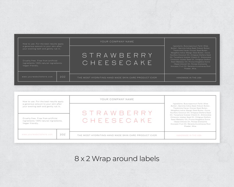 May include: Two black and white labels with the text "Strawberry Cheesecake" in pink. The labels are for a hand cream product and include the text "The most hydrating hand made skin care product ever" and "Handmade in the USA".