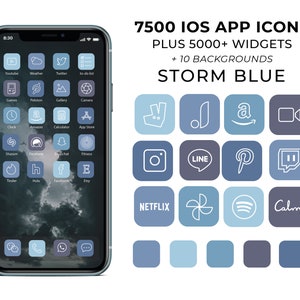 May include: A smartphone screen displaying a variety of app icons in a blue and grey colour scheme. The text "7500 IOS APP ICONS PLUS 5000+ WIDGETS + 10 BACKGROUNDS STORM BLUE" is displayed at the top of the image.
