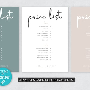 Simple Price list Template / Minimalist Printable Price list / Modern Pastel Pricing List / Bar Menu / Editable Salon Menu