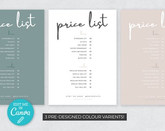 Simple Price list Template / Minimalist Printable Price list / Modern Pastel Pricing List / Bar Menu / Editable Salon Menu