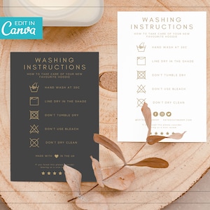 Modèle de carte de soins de lavage en or petit / Modèle de soin des vêtements modifiable / Carte de soins des vêtements imprimable / Carte d’instructions de lavage en or / LUNA