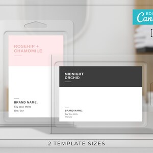 May include: Two clear plastic packaging templates for soy wax melts. The left template features a pink background with the text "ROSEHIP + CHAMOMILE". The right template features a gray background with the text "MIDNIGHT ORCHID". Both templates include the text "BRAND NAME. Soy Wax Melts 60g/2oz".
