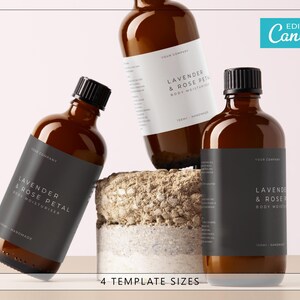 May include: Several amber glass bottles with black labels and caps. The labels display "Lavender & Rose Petal Body Moisturiser". The bottles are arranged on a textured surface. The image also includes the text "Edit in Canva" and "4 Template Sizes".