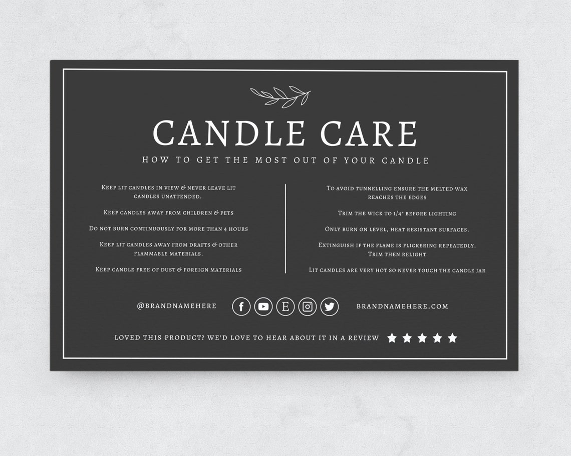 Elegant Candle Care Card Template / Editable Candle Etsy
