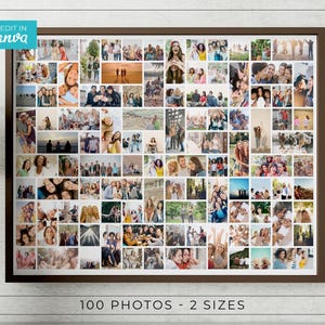 May include: A framed photo collage featuring 100 photos in various sizes. The photos are arranged in a grid pattern and depict people in different settings. The frame is brown, and the text "EDIT IN CANVA" is in the upper left corner. The text "100 PHOTOS - 2 SIZES" is at the bottom.