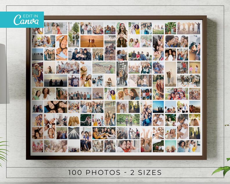 May include: A framed photo collage featuring 100 photos in various sizes. The photos are arranged in a grid pattern and depict people in different settings. The frame is brown, and the text "EDIT IN CANVA" is in the upper left corner. The text "100 PHOTOS - 2 SIZES" is at the bottom.