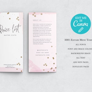 May include: A pink and gold price list template for a beauty salon called "Kate's Cuts". The template is editable and can be customized in Canva. The text on the template includes "Price List", "Kate's Cuts", "Professional Beauty Treatment", "About Us", "@katescuts", "0787 154 8889", "katescuts.com", "100% Editable Menu Template", "All Fonts", "Font and Image Colours", "Background Image", "All Text", "Add New Pages", and "Duplicate Pages".