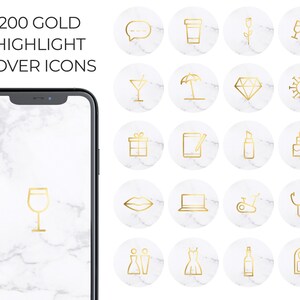 Puede incluir: 200 Iconos de portada de resaltado dorados. Un conjunto de 20 iconos para los destacados de Instagram, que presentan una variedad de diseños, incluyendo una copa de vino, una caja de regalo, un diamante, un lápiz labial, una computadora portátil, un estetoscopio, un vestido y una botella de vino. Los iconos son dorados y están sobre un fondo de mármol blanco.
