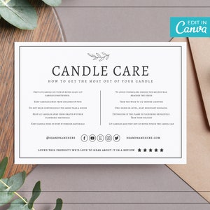 Elegante Kerzenpflege-Kartenvorlage / bearbeitbare Kerzenanleitungsvorlage / druckbare Kerzenpflege-Einsatz-Design / Produktpflege-Karte / WILLOW