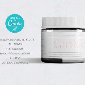 May include: A white jar with a black lid and a label that says "STRAWBERRY CHEESECAKE" and "THE MOST HYDRATING HAND MADE SKIN CARE PRODUCT". The label also includes the text "YOUR COMPANY NAME".