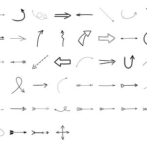 Pode incluir: Uma cole&ccedil;&atilde;o de setas pretas desenhadas &agrave; m&atilde;o, de v&aacute;rios estilos e dire&ccedil;&otilde;es, sobre um fundo branco. As setas incluem designs retos, curvos, pontilhados e de ponta dupla, adequados para design gr&aacute;fico ou ilustra&ccedil;&atilde;o.