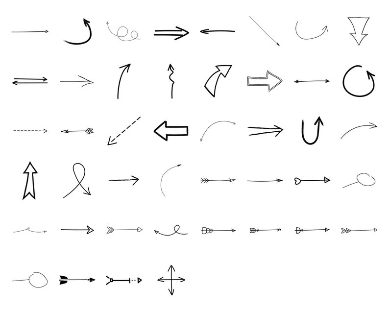 Pode incluir: Uma cole&ccedil;&atilde;o de setas pretas desenhadas &agrave; m&atilde;o, de v&aacute;rios estilos e dire&ccedil;&otilde;es, sobre um fundo branco. As setas incluem designs retos, curvos, pontilhados e de ponta dupla, adequados para design gr&aacute;fico ou ilustra&ccedil;&atilde;o.