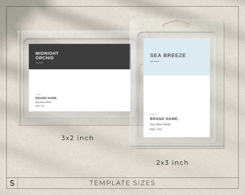 May include: Two wax melt packaging templates. The first template is 3 inches by 2 inches and features a black background with the text "MIDNIGHT ORCHID" in white. The second template is 2 inches by 3 inches and features a light blue background with the text "SEA BREEZE" in black. Both templates include the text "BRAND NAME." and "Soy Wax Melts".
