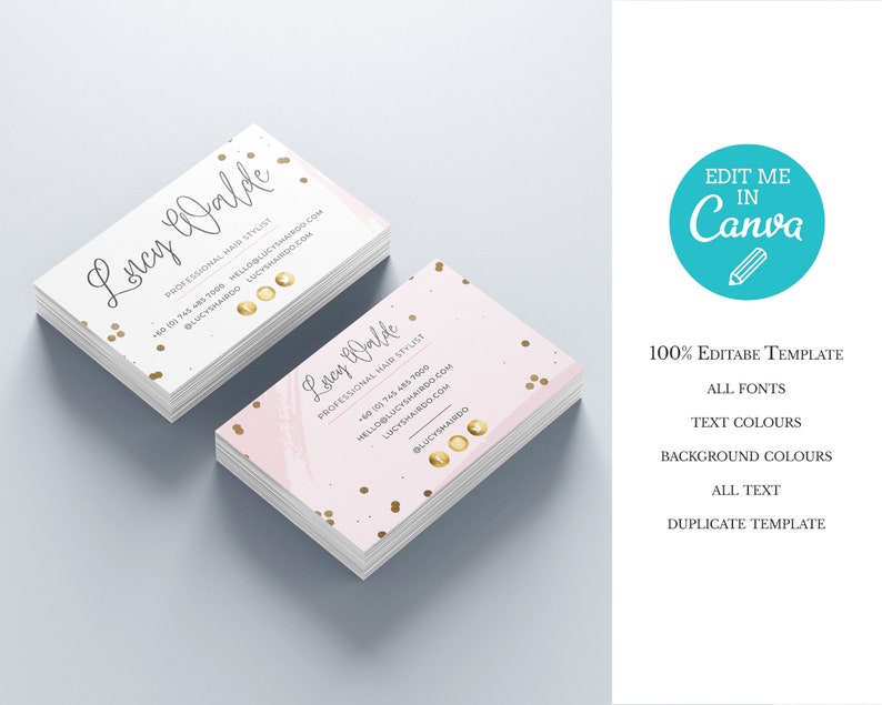 Puede incluir: Una tarjeta de visita rosa y blanca con detalles de purpurina dorada. La tarjeta presenta el texto "Lorcy Walde" en una fuente cursiva e incluye informaci&oacute;n de contacto para un estilista de cabello profesional. La tarjeta est&aacute; dise&ntilde;ada para ser editada en Canva.